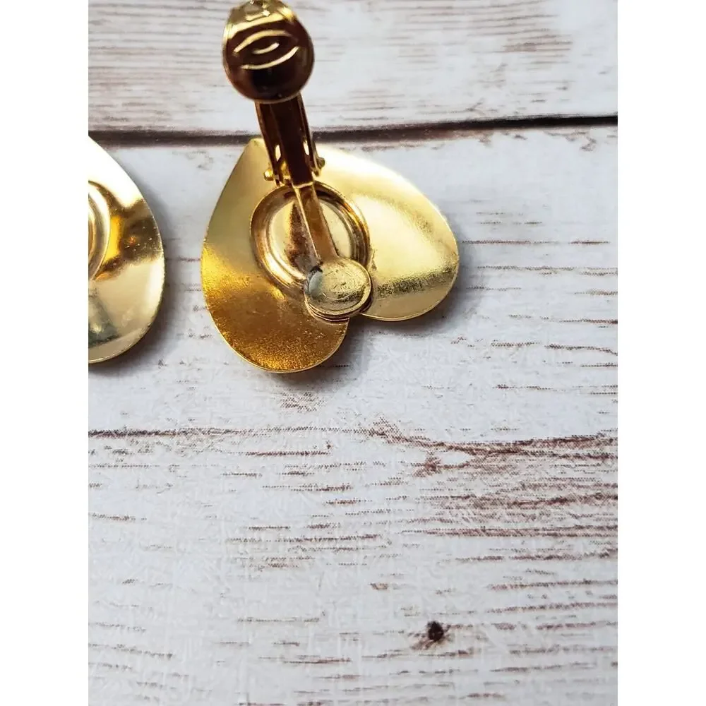 Vintage Clip On Earrings - Gold Tone Heart with Cream Center 7/8